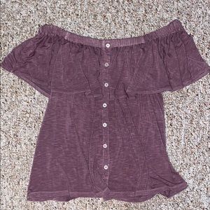 Off the shoulder, purple shirt